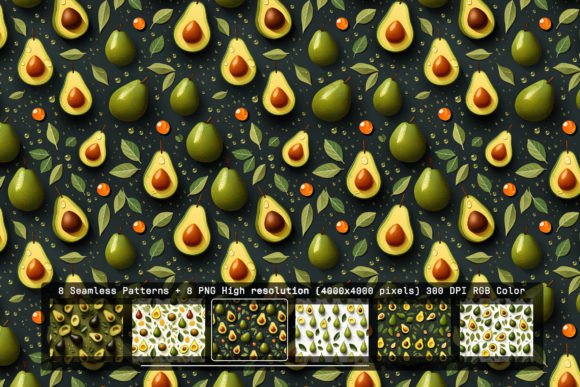 Avocado Rows Seamless Patterns: 8 High-Resolution Design Assets