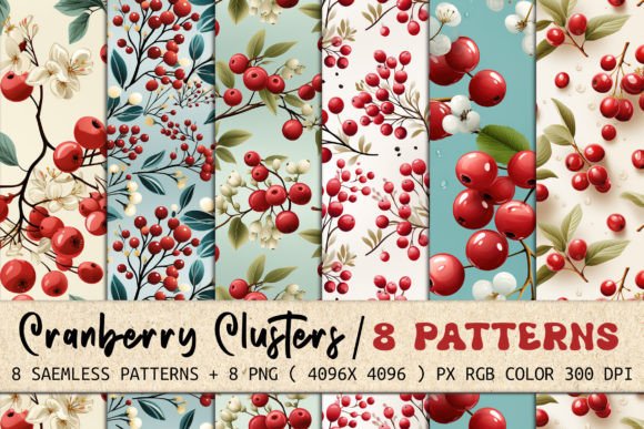 Cranberry Clusters 8 Seamless Patterns: Versatile Design Assets