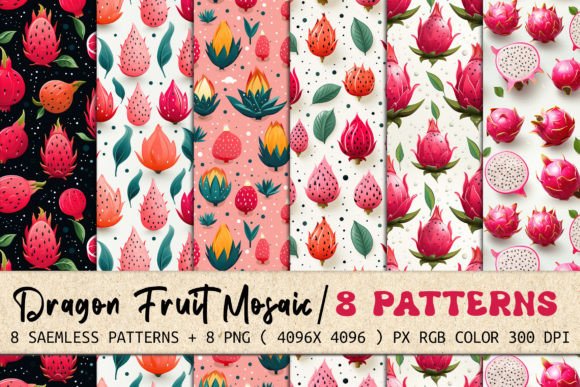 Dragon Fruit Mosaic: 8 Seamless Patterns & PNG Backgrounds