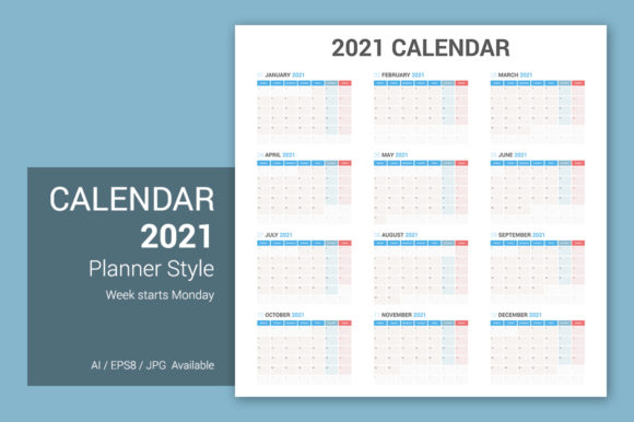 Modern 2021 Monday-Start Calendar Planner for Designers