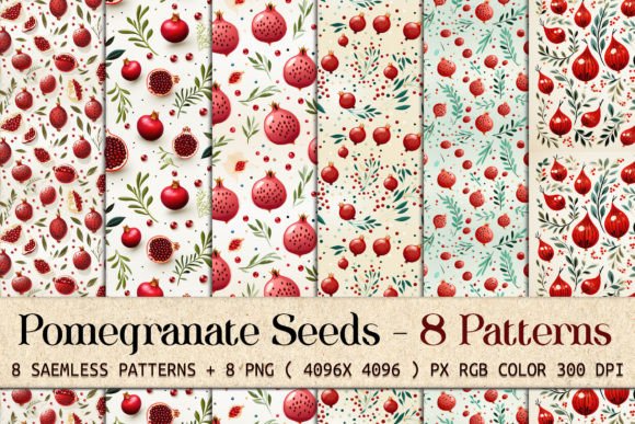 Pomegranate Seeds 8 Seamless Patterns & PNG Backgrounds